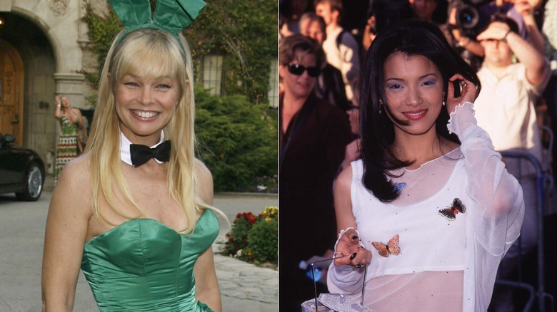 Split image of Julie McCullough wearing a green Playboy bunny outfit vs. Kelly Hu wearing a white top with butterfly appliques.