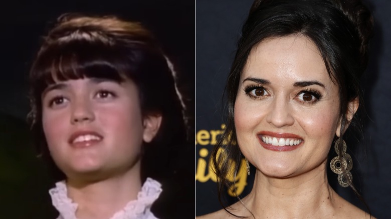 A split image of Danica McKellar acting on The Wonder Years and today