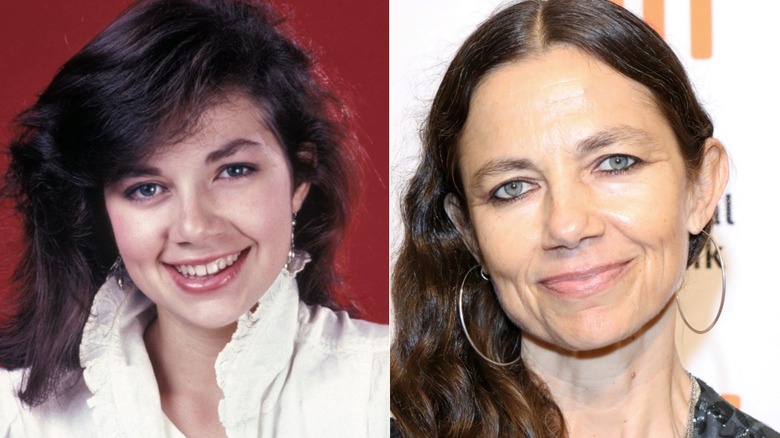 A split image of Justine Bateman in the 1980s and today