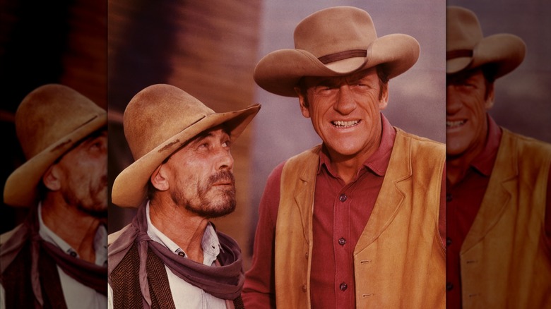 Ken Curtis and James Arness in a scene from the show "Gunsmoke"
