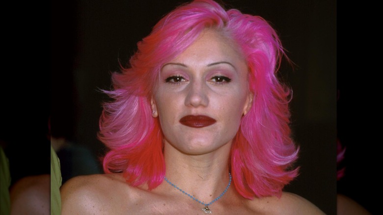 Close up of Gwen Stefani with bright pink hair