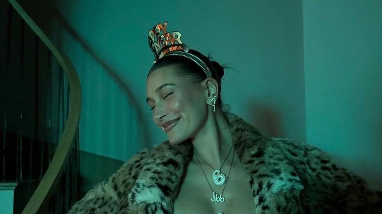 Hailey Bieber smiling on New Year's Eve