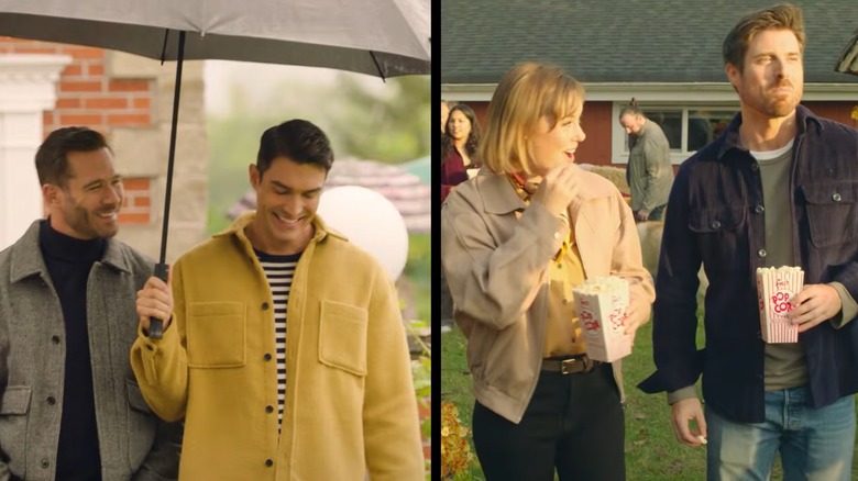 Split image of Luke Macfarlane and Peter Porte smiling together under an umbrella and Ashley Williams and Marcus Rosner walking together with popcorn