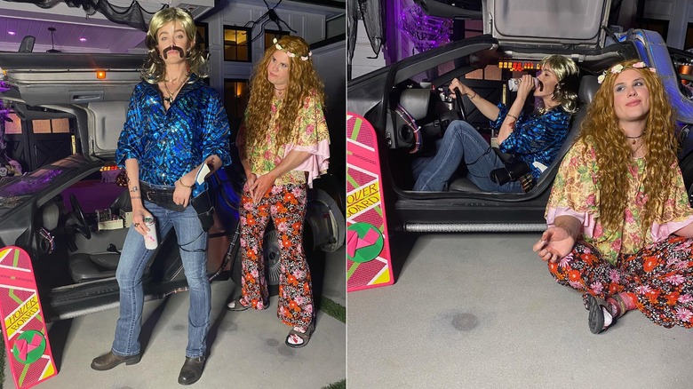 Split image of Ashley Newbrough and Matt Shively wearing "Tiger King" costumes and posing with a DeLorean.