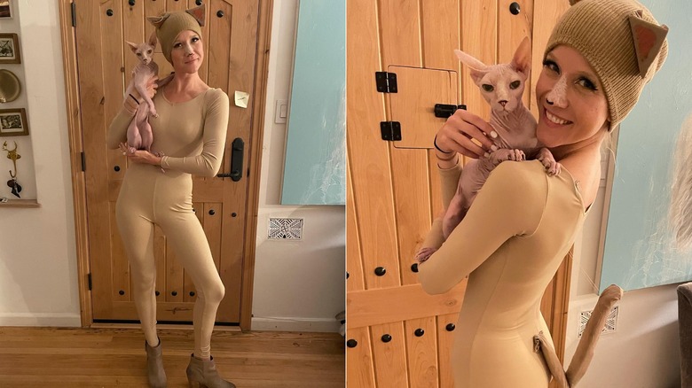 Split image of Jessy Schram dressed like a hairless cat and hold her pet Sphynx.