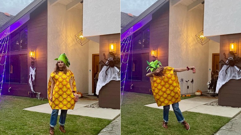 Split image of Rachael Leigh Cook standing outside in a pineapple costume and dabbing in it.