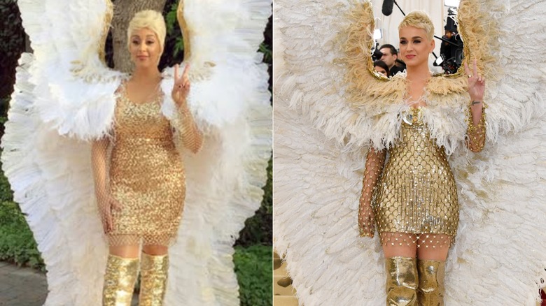 Split image of Tamera Mowry and Katy Perry wearing gold dresses and wings.