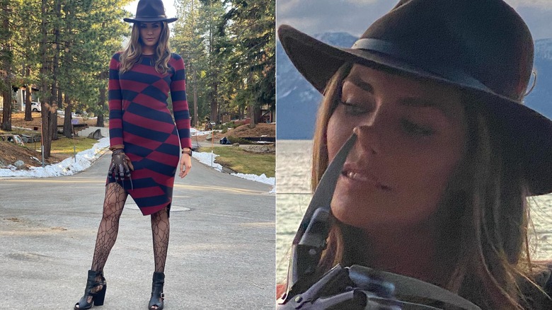 Split image of Taylor Cole posing in a Freddy Krueger-inspired costume, sticking a fake blade up her nose.