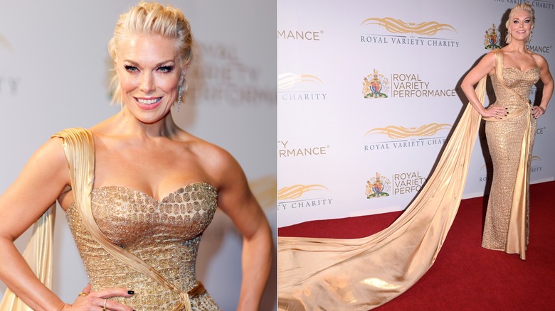 Split image of Hannah Waddingham wearing a gold dress with a long train.
