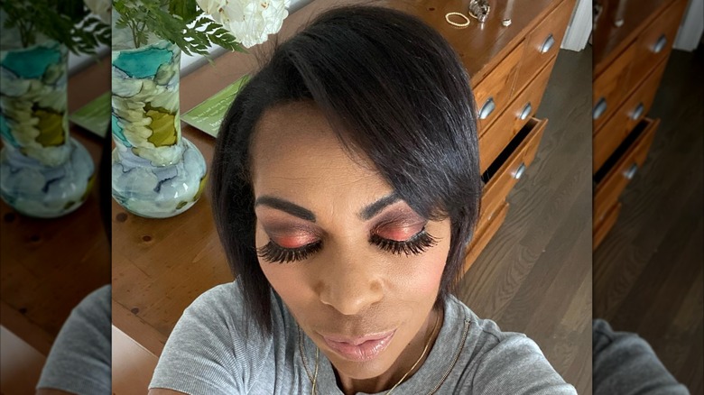 Harris Faulkner closing her eyes and showing her eyelashes