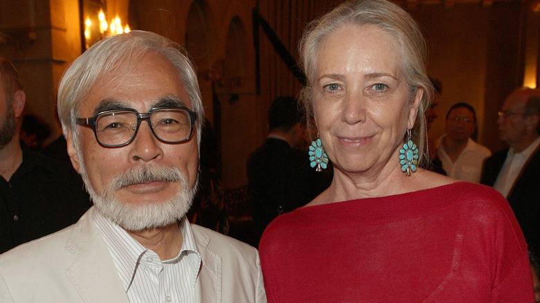 Melissa Mathison and Hayao Miyazaki posing for a photo in 2009