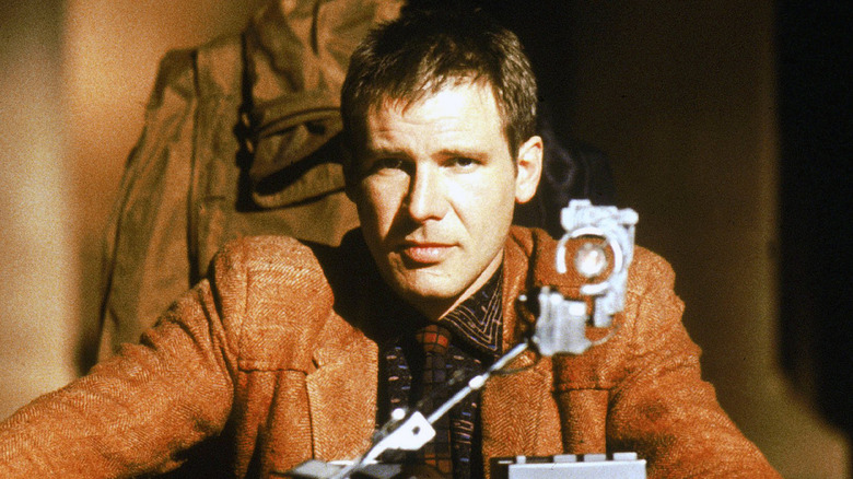 Harrison Ford in costume on the set of 'Blade Runner'