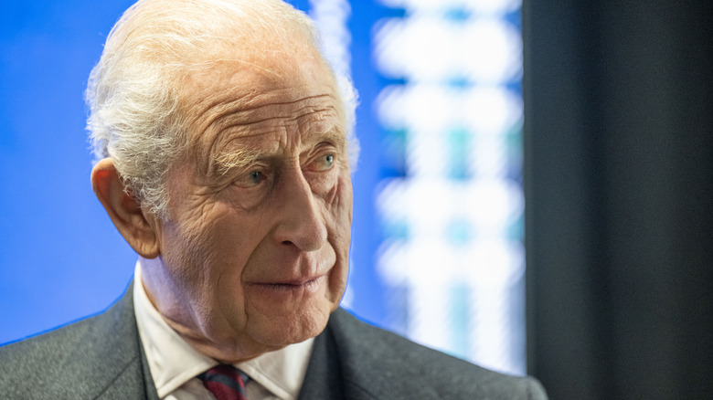 King Charles III in a suit with an inquisitive look on his face