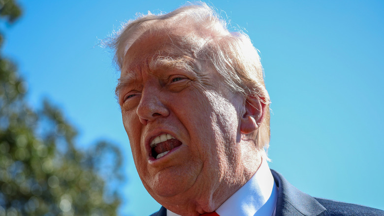 Donald Trump with his mouth open from a low angle.