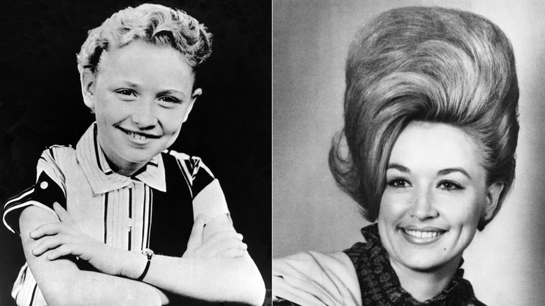 Side-by-side photos of a young Dolly Parton smiling