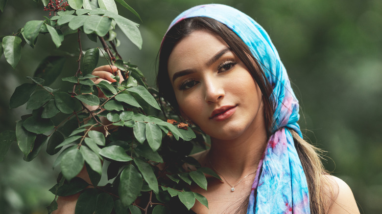 woman wearing printed headscarf