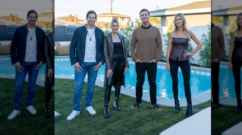 Heather Rae El Moussa smiling next to Tarek El Moussa, Jeff Lewis, and Christina Haack