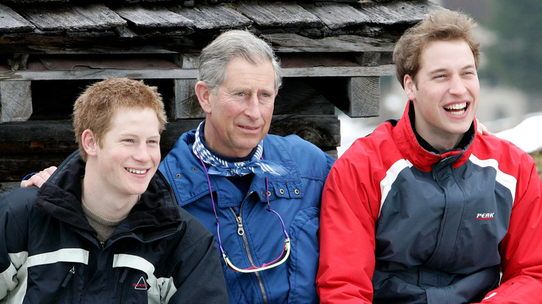 Prince Harry, King Charles III, and Prince William posing together in 2005