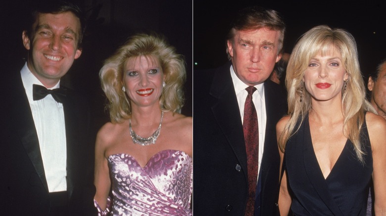Donald Trump and his wife Ivana smile as they attend a formal party in the early 1980s (1980s); Donald Trump and his wife Marla Maples attend the premiere of the film, 'Nell,' directed by Michael Apted, New York City in May 1994 (1994)