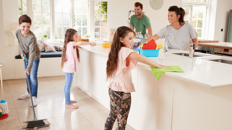 family doing chores