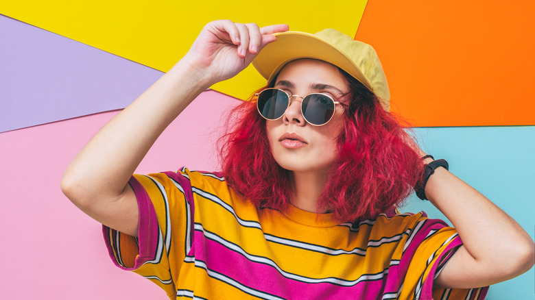 Woman wearing a colorful baseball cap