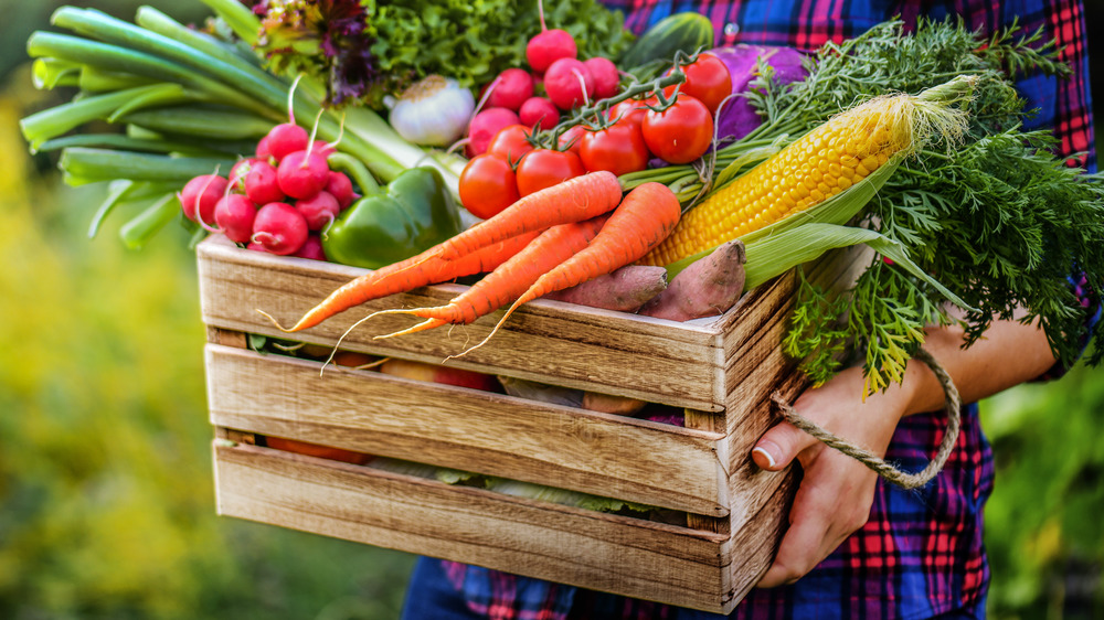 Woman holding crate of vegetables