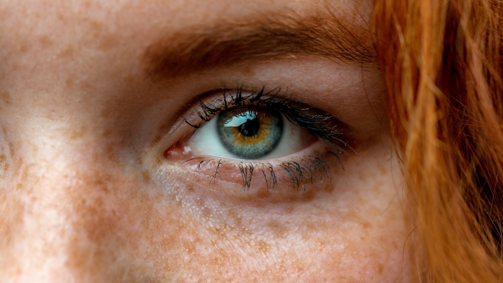 close up of woman's face with freckles