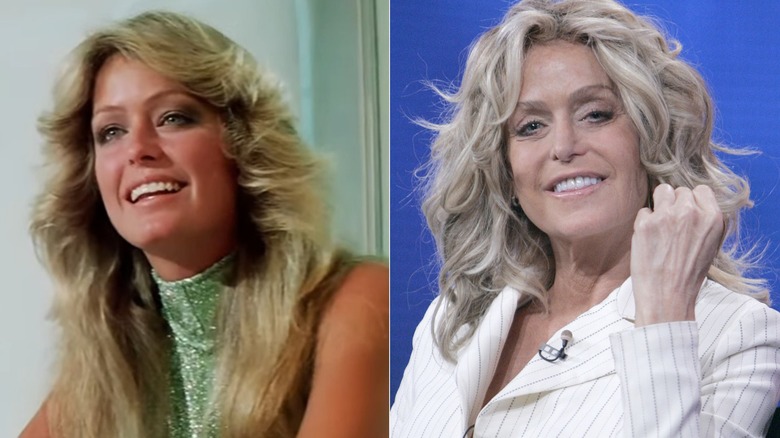 A split image showing Farrah Fawcett in Logan's run and in 2005