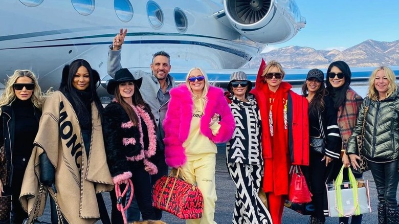 Dorit Kemsley, Garcelle Beauvais, Kyle Richards, Mauricio Umansky, Erika Jayne, Lisa Rinna, Crystal Minkoff, Sutton Stracke in front of private jet 