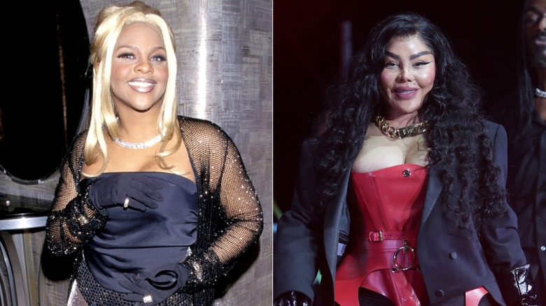 Split image of Lil' Kim at the 1998 Grammys and an event in 2026