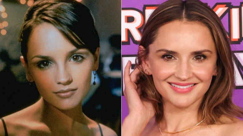 Split image of Rachael Leigh Cook in She's All That and at the 2025 Freakier Friday premiere