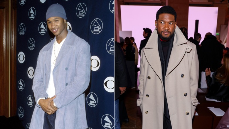 Split image of Usher at the Grammys in 1998 and Paris Fashion Week in 2026