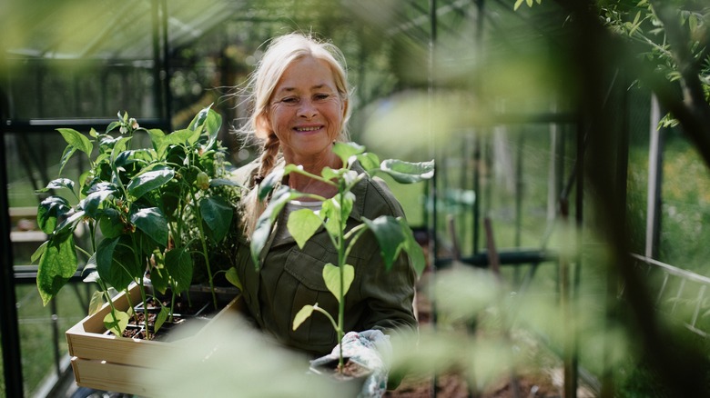 A woman gardening. 