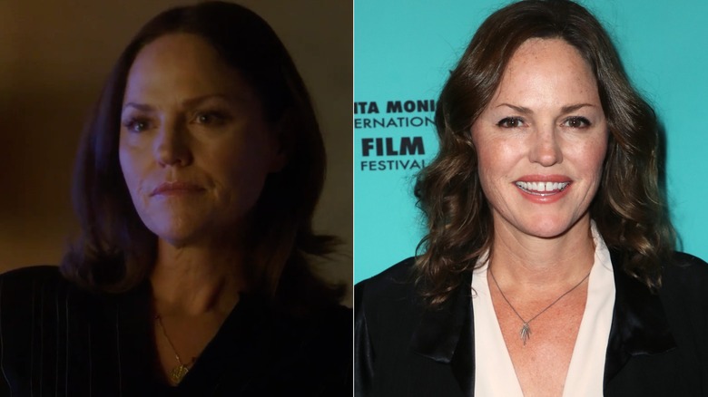 Split image of Jorja Fox in an episode of "CSI" and posing at an event in 2019
