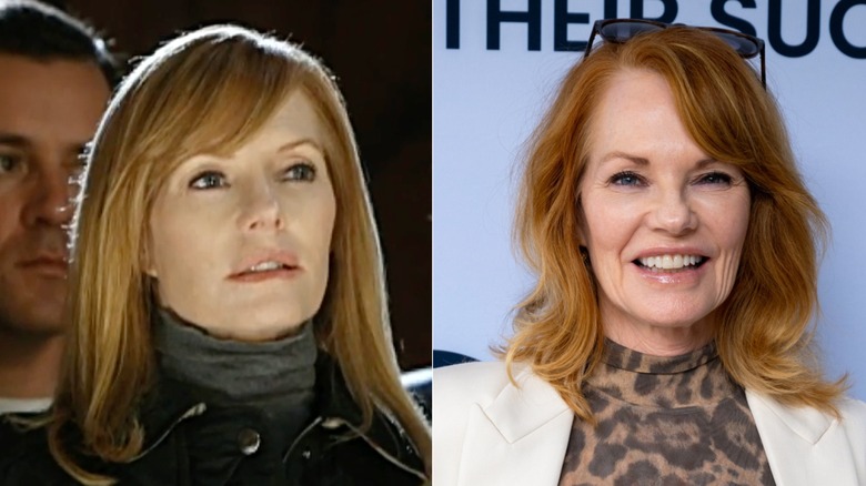 Split image of Marg Helgenberger in an episode of "CSI" and at an event in 2025