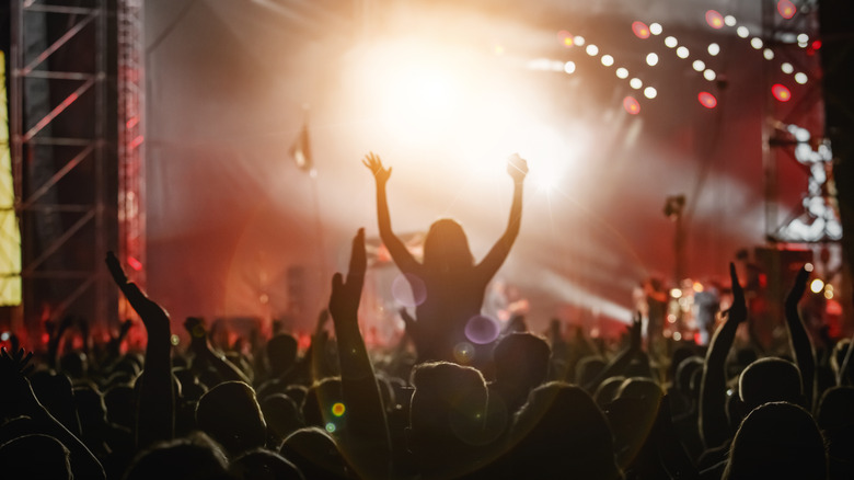 Fan with arms up at concert 