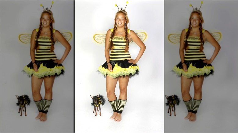 Woman and dog bee costumes