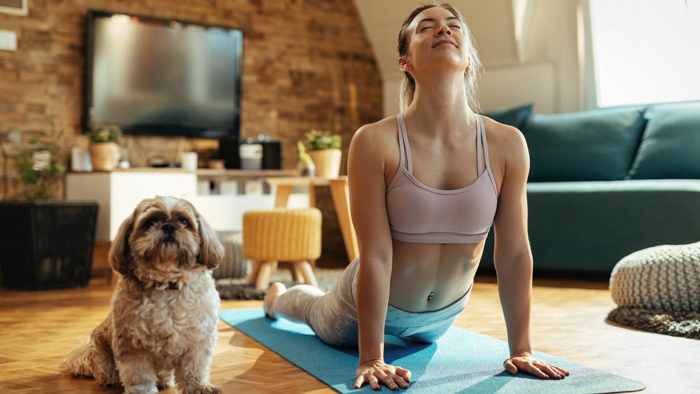 A woman practicing yoga