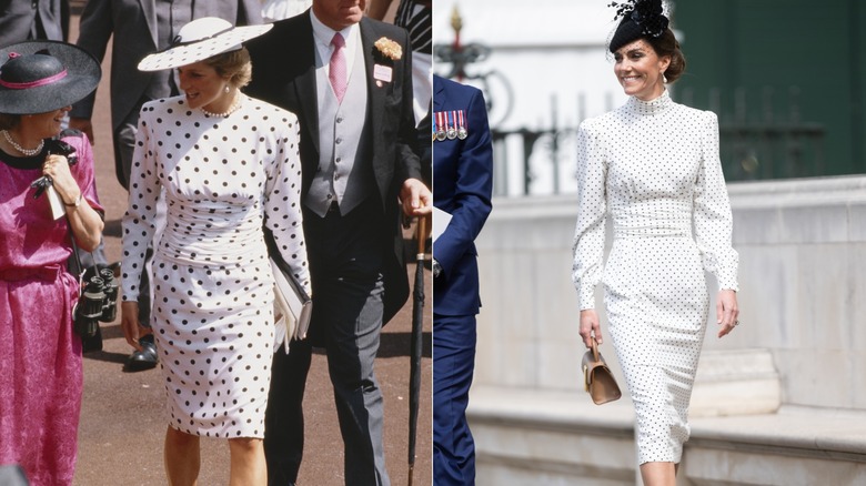 Diana, Princess of Wales attended the Ascot race meeting in England, wearing a black and white spotted dress by Victor Edelstein and a Philip Somerville hat in June 1988 (1988); Kate Middleton attended a Service of Thanksgiving at Westminster Abbey on the 80th Anniversary of VE Day in May 2025 (2025)