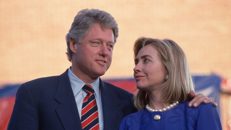 Hillary Clinton looks at husband Bill Clinton in 1992
