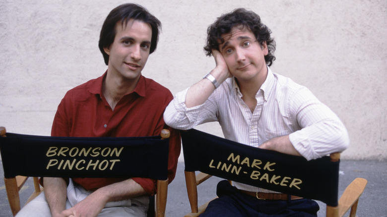 Mark Linn-Baker and Bronson Pinchot on the set of Perfect Strangers