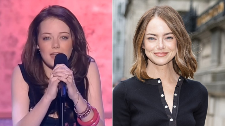 Split image of Emma Stone competing on In Search of the Patridge Family and in 2026