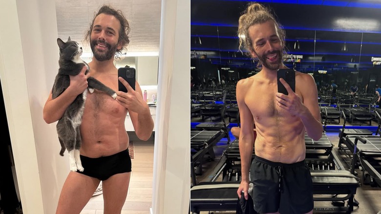Side by side image of Jonathan Van Ness in August 2023 and June 2025 via his Instagram