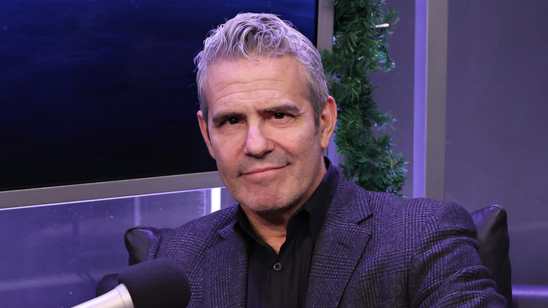 Andy Cohen smirks during a talk show