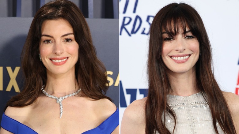 Split image of Anne Hathaway with wavy hair (L) versus with straight hair and bangs (R)