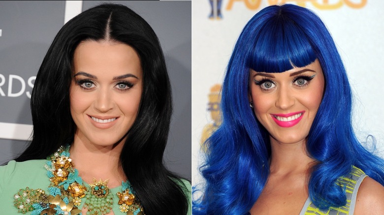Split image of Katy Perry with middle part and black hair (L) versus with blue hair and front bags (R)
