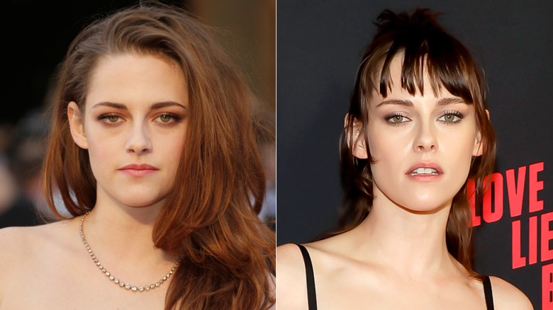 Split image of Kristen Stewart with long hair and deep side part (L) versus with short bangs (R)