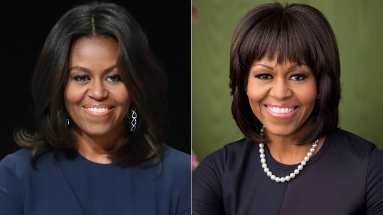 Split image of Michelle Obama with a centered part (L) versus with razor-cut bangs and bob hairstyle (R)