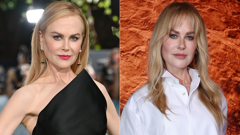 Split image of Nicole Kidman with side part (L) versus with wispy bangs (R)