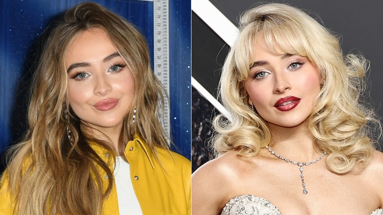 Split photo of Sabrina Carpenter with long hair in loose waves (L) versus with large curls and curtain bangs (R)